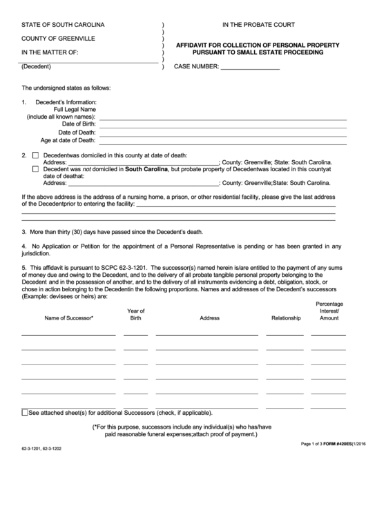 Fillable Form 420es - Affidavit For Collection Of Personal Property Pursuant To Small Estate Proceeding - County Of Greenville Printable pdf