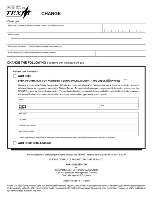 Fillable Form 00-941 - Texnet Payment Form - 2008 Printable pdf