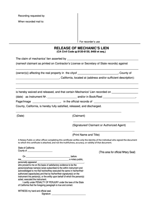 Fillable Release Of Mechanics Lien Form - California Printable pdf