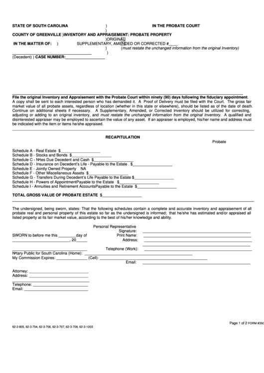Fillable Form 350es-Sf - Inventory And Appraisement: Probate Property Printable pdf