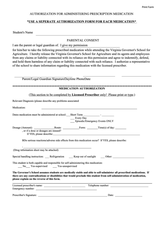 Fillable Authorization For Administering Prescription Medication Form Printable pdf
