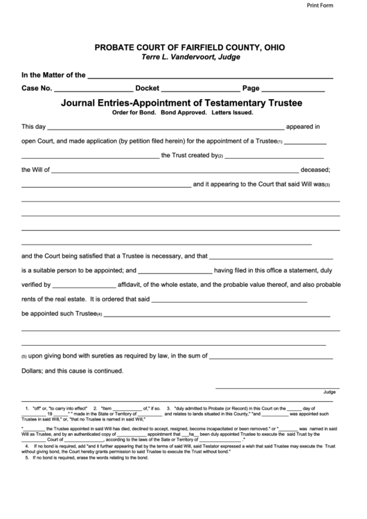 Fillable Journal Entries-Appointment Of Testamentary Trustee - Probate Court Of Fairfield County, Ohio Printable pdf