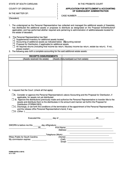 Fillable Form 337es Application For Settlement & Accounting Of Subsequent Administration - County Of Greenville Printable pdf