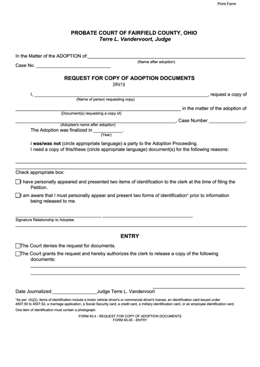 Fillable Form 40.4 - Request For Copy Of Adoption Documents - Probate Court Of Fairfield County, Ohio Printable pdf