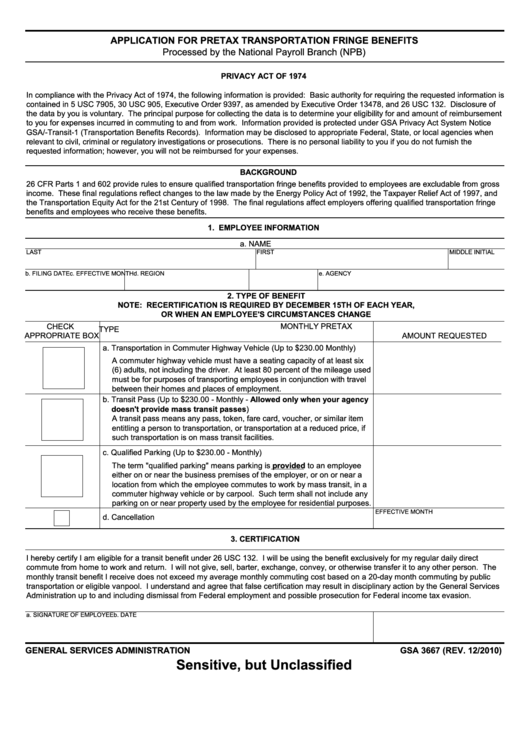 Fillable Form Gsa 3667 - Application Form For Pretax Transportation Fringe Benefits - 2010 Printable pdf