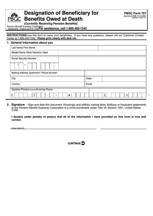Pbgc Form 707 - Designation Of Beneficiary For Benefits Owed At Death - Virginia - 2013 Printable pdf