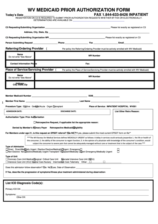 Wv Medicaid Prior Authorization Form (Inpatient) Printable pdf