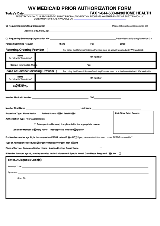 Wv Medicaid Prior Authorization Form (Home Health) Printable pdf