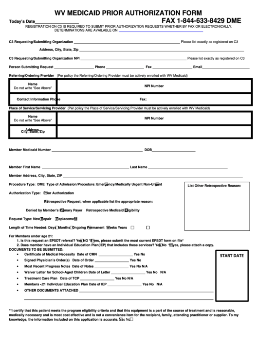 Wv Medicaid Dme Prior Authorization Request Form (Dme) printable pdf