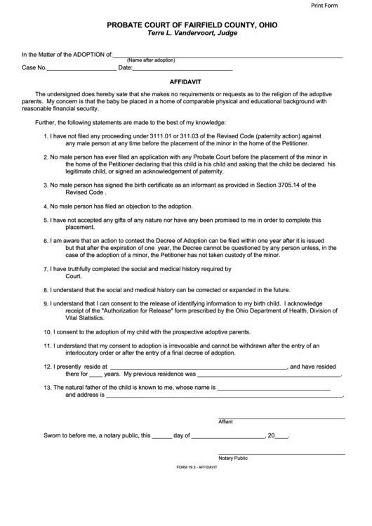 Fillable Form 19.3 - Affidavit Probate Court Of Fairfield County, Ohio Printable pdf