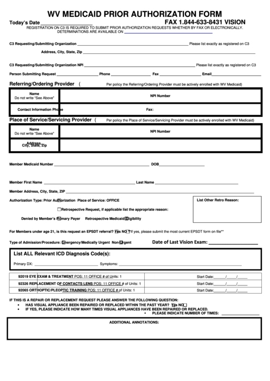 Wv Medicaid Prior Authorization Form (Vision) Printable pdf