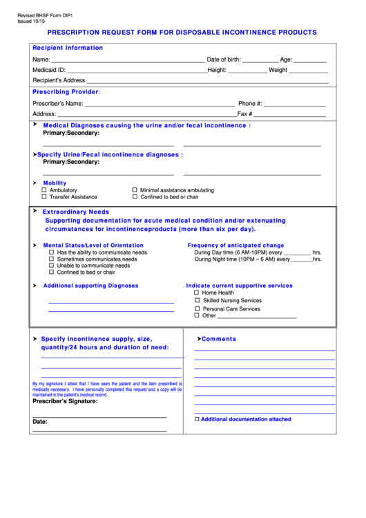 Bhsf Form Dip1 Prescription Request Form For Disposable Incontinence Products Printable pdf