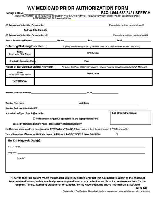 Wv Medicaid Prior Authorization Form (Speech) Printable pdf
