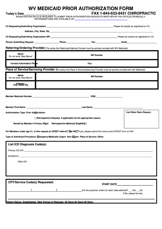 Wv Medicaid Prior Authorization Form (Chiropractic) Printable pdf