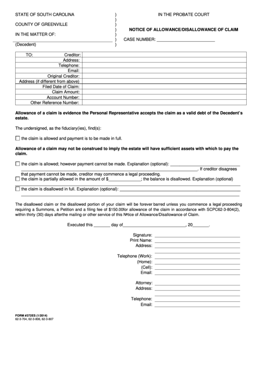 Fillable Form 372es Notice Of Allowance/disallowance Of Claim County Of Greenville Printable pdf