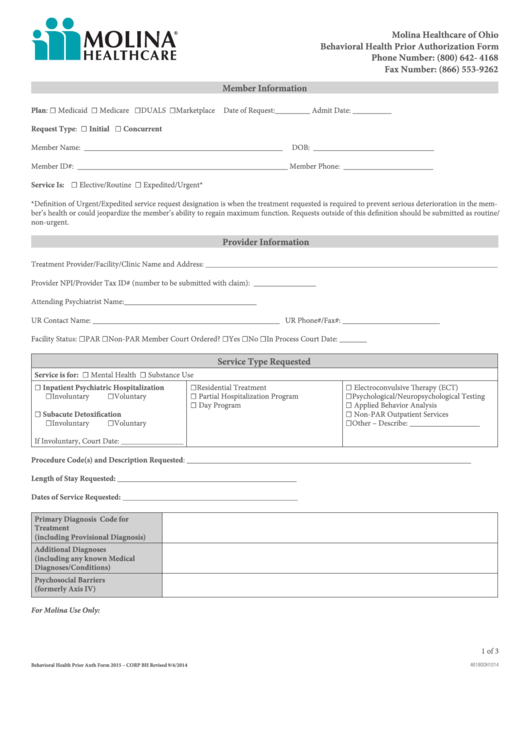 Molina Behavioral Health Prior Authorization Form - Ohio