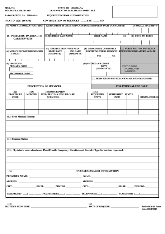 Prior Authorization Form (Pa-16) - Molina / La. Medicaid Printable pdf