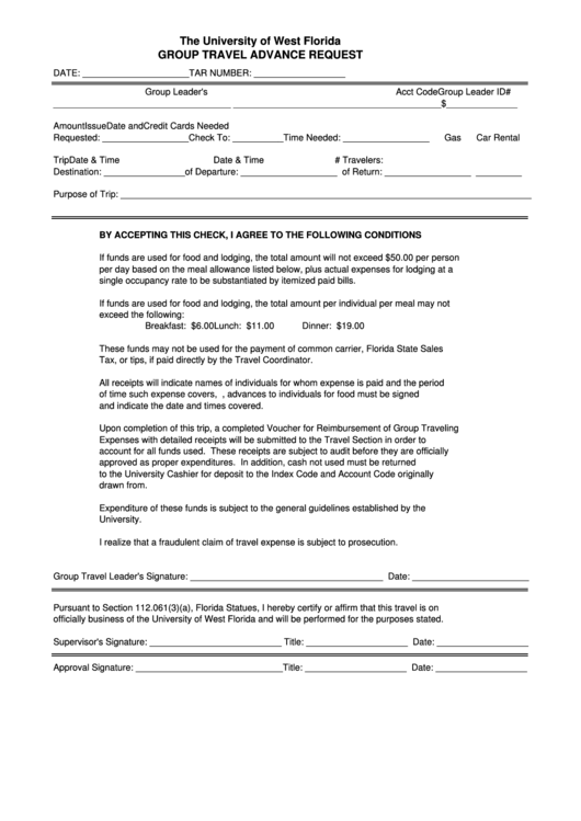 Fillable Group Travel Advance Request Form Printable pdf