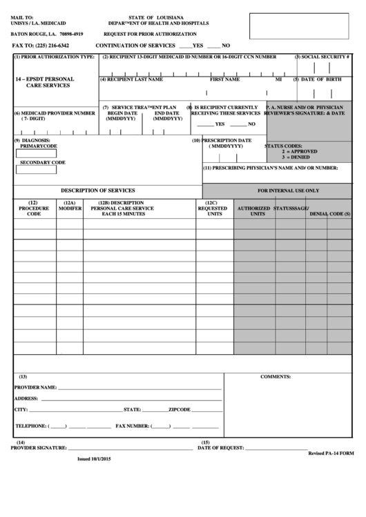 Prior Authorization Form (Pa-14) Unisys / La. Medicaid Printable pdf
