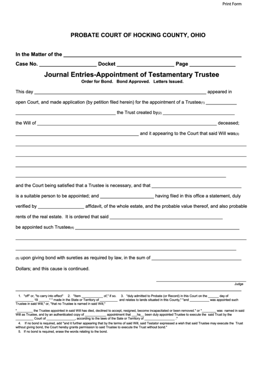 Fillable Journal Entries-Appointment Of Testamentary Trustee - Probate Court Of Hocking County, Ohio Printable pdf