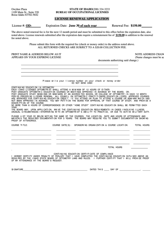 License Renewal Application Form (License #: Od- ) - State Of Idaho Printable pdf