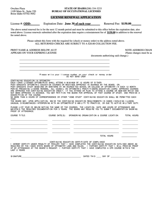 License Renewal Application Form (License #: Odd) - State Of Idaho Printable pdf