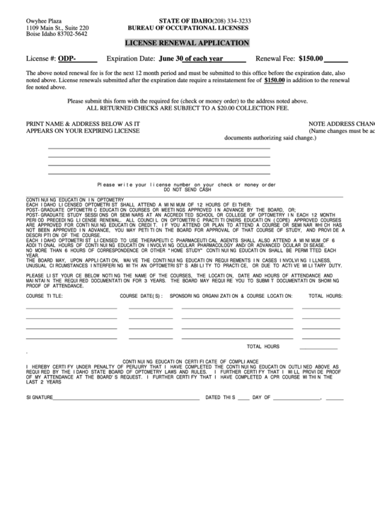License Renewal Application Form (License #: Odp) - State Of Idaho Printable pdf