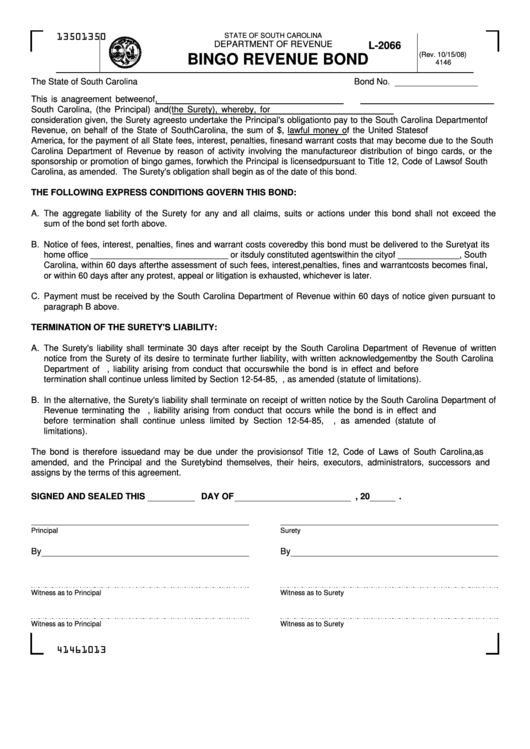Form L-2066 - Bingo Revenue Bond - South Carolina Department Of Revenue Printable pdf