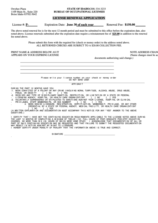 License Renewal Application Form (License #: P)- Bureau Of Occupational Licenses - State Of Idaho Printable pdf