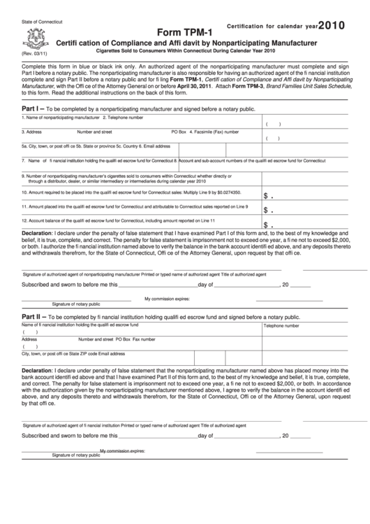 Form Tpm-1 - Certification Of Compliance And Affidavit By Non Participating Manufacturer - 2010 Printable pdf