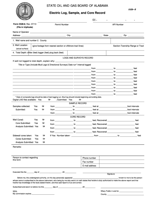 Fillable Form Ogb-8 - Electric Log, Sample, And Core Record Printable pdf