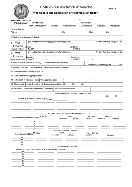 Fillable Form Ogb-7 - Well Record And Completion Or Recompletion Report - State Oil And Gas Board Of Alabama Printable pdf
