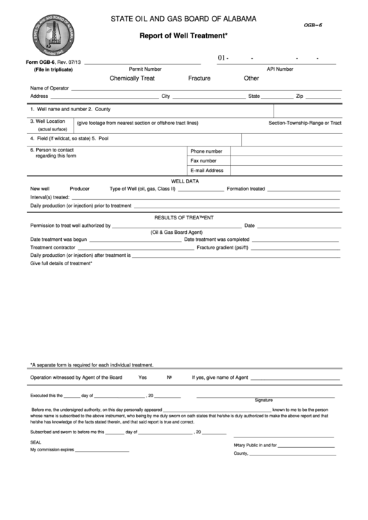 Fillable Form Ogb-6 - Report Of Well Treatment Printable pdf