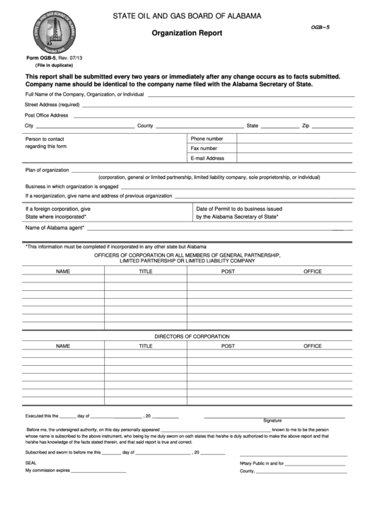 Fillable Form Ogb-5 - Organization Report - State Oil And Gas Board Of Alabama Printable pdf
