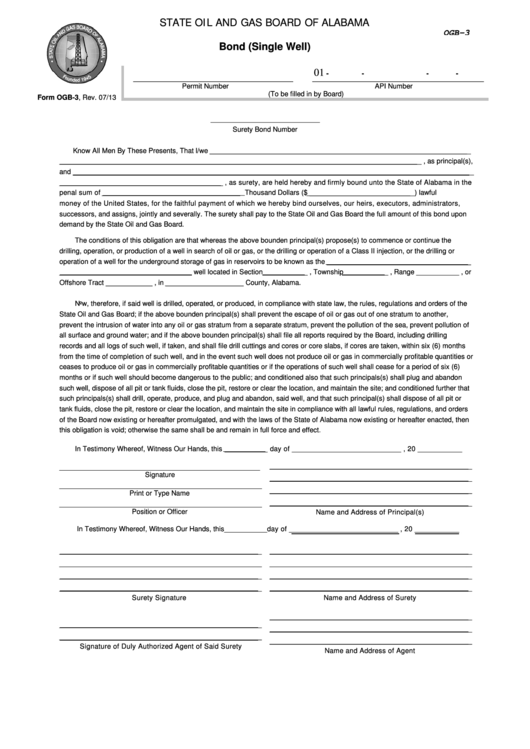 Fillable Form Ogb-3 - Bond (Single Well) - State Oil And Gas Board Of Alabama Printable pdf