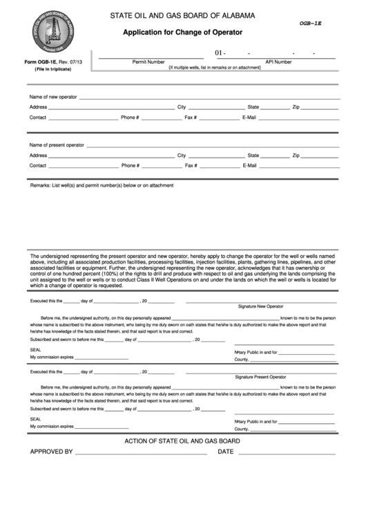 Fillable Form Ogb-1e - Application For Change Of Operator - State Oil And Gas Board Of Alabama Printable pdf
