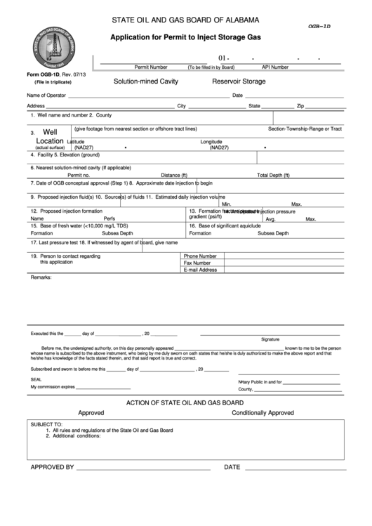 Fillable Form Ogb-1d - Application For Permit To Inject Storage Gas - State Oil And Gas Board Of Alabama Printable pdf