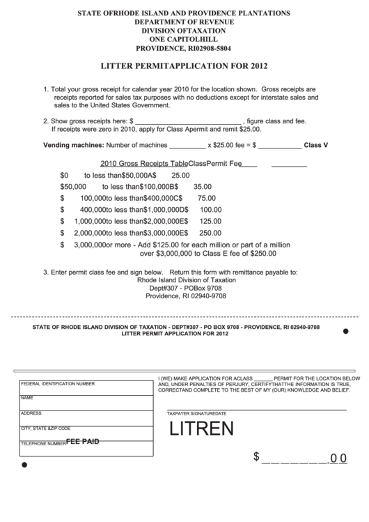 Litter Permit Application Form For 2012 - Rhode Island Department Of Revenue Printable pdf