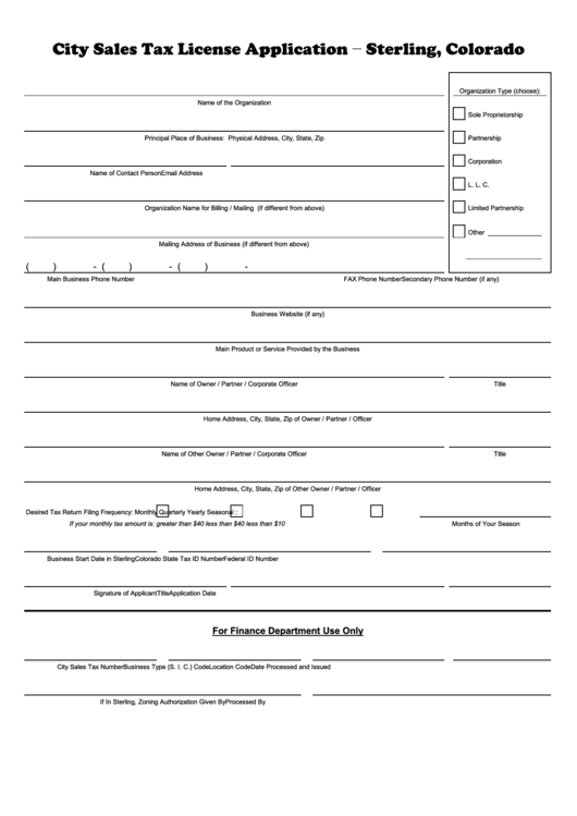 City Sales Tax License Application Form - Sterling, Colorado Printable pdf