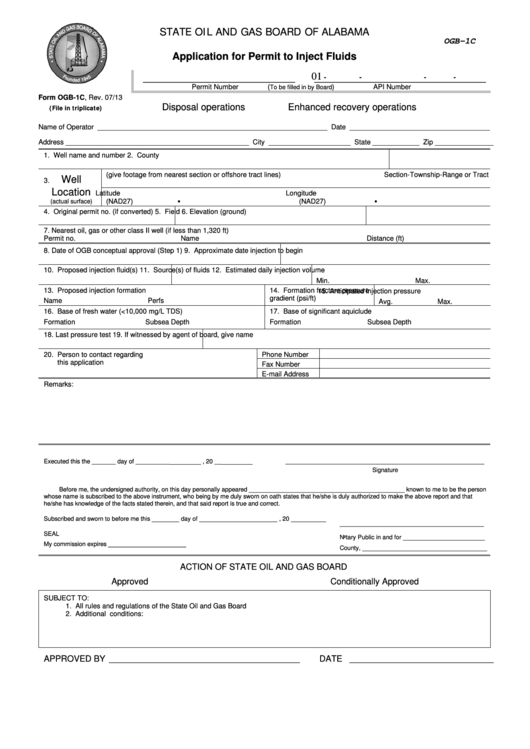 Fillable Form Ogb-1c - Application For Permit To Inject Fluids - State Oil And Gas Board Of Alabama Printable pdf