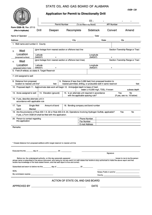 Fillable Form Ogb-1b - Application For Permit To Directionally Drill - State Oil And Gas Board Of Alabama Printable pdf