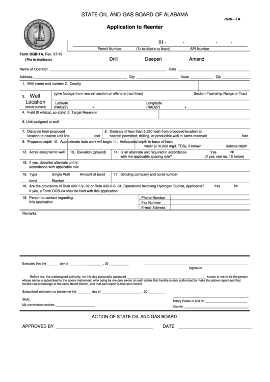 Fillable Form Ogb-1a - Application To Reenter - State Oil And Gas Board Of Alabama Printable pdf