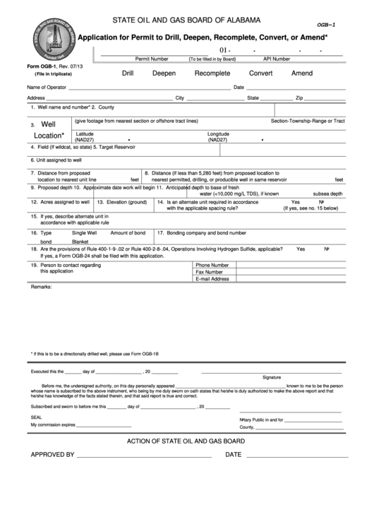 Fillable Form Ogb-1 - Application For Permit To Drill, Deepen, Recomplete, Convert, Or Amend - State Oil And Gas Board Of Alabama Printable pdf