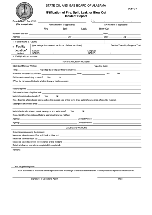 Fillable Form Ogb-27 - Notification Of Fire, Spill, Leak, Or Blow Out Incident Report - State Oil And Gas Board Of Alabama Printable pdf