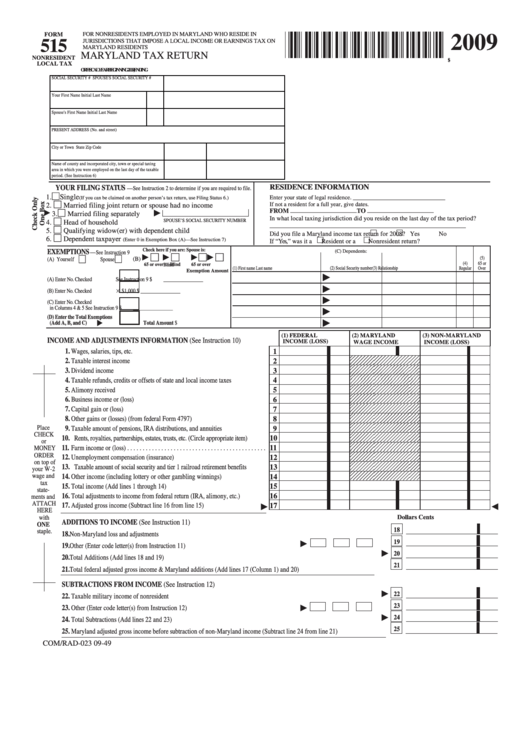 Fillable Form 515 - Maryland Tax Return - 2009 Printable pdf
