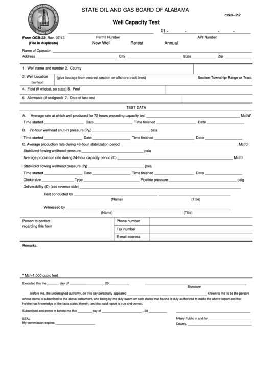 Fillable Form Ogb-22 - Well Capacity Test - State Oil And Gas Board Of Alabama Printable pdf