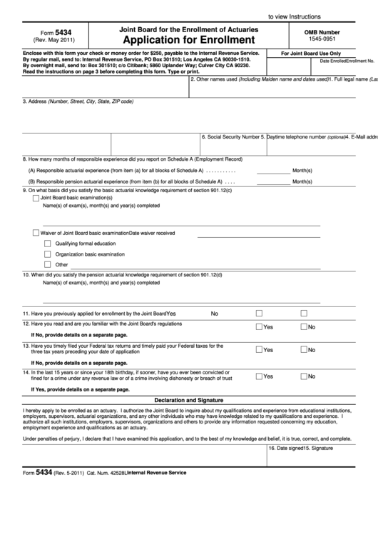 Fillable Form 5434 - Application For Enrollment - Joint Board For The Enrollment Of Actuaries - 2011 Printable pdf