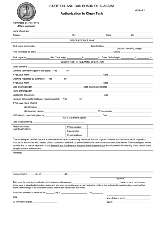 Fillable Form Ogb-21 - Authorization To Clean Tank - State Oil And Gas Board Of Alabama Printable pdf