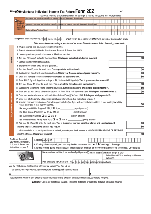 Fillable Form 2ez Montana Individual Income Tax Return 2009 