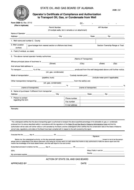 Fillable Form Ogb-12 - Operator'S Certificate Of Sns-Brigh10